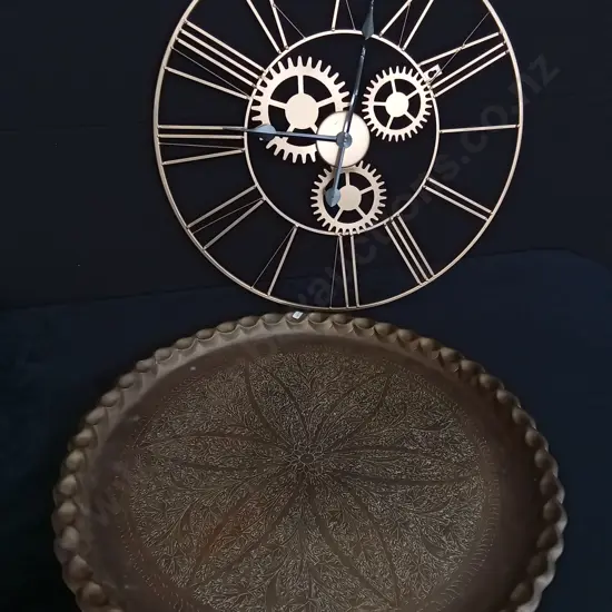 2 PIECES BRASS DECOR TRAY AND WALL CLOCK
