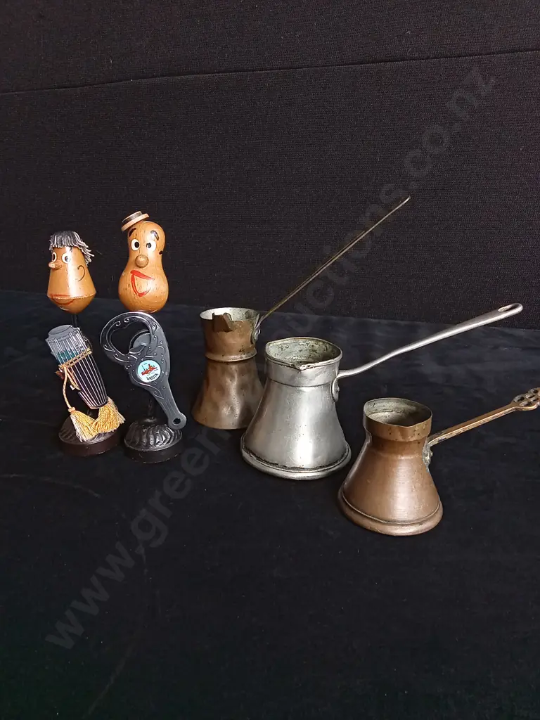 VINTAGE TURKISH COFFEE POTS AND 2 MAGNETIC BOTTLE OPENERS Image 1++