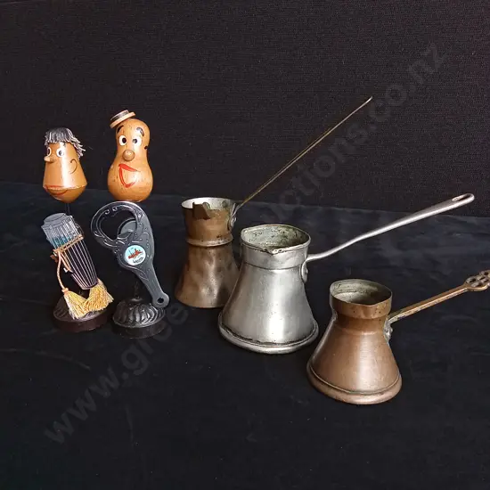 VINTAGE TURKISH COFFEE POTS AND 2 MAGNETIC BOTTLE OPENERS