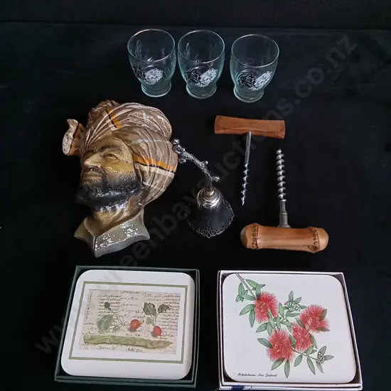 MISCELLANEOUS MIX INCLUDING COASTERS, CERAMIC WALL DECOR, BELL, CORKSCREWS AND LIQUEUR GLASSES