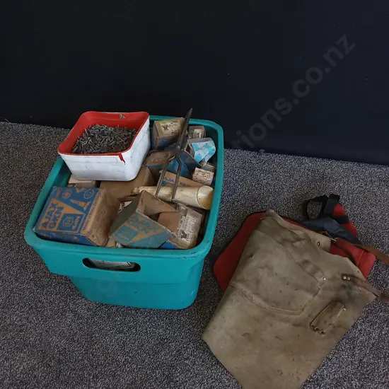 TUB MIX OF NAILS AND 2 SUEDE APRONS