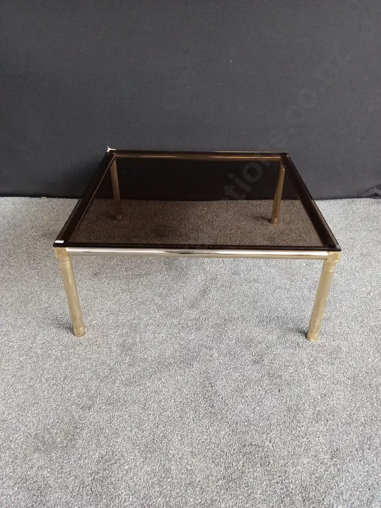 SQUARE GLASS TABLE WITH GOLD LEGS L 90CM H 41CM (Corner little chip) Image 1++