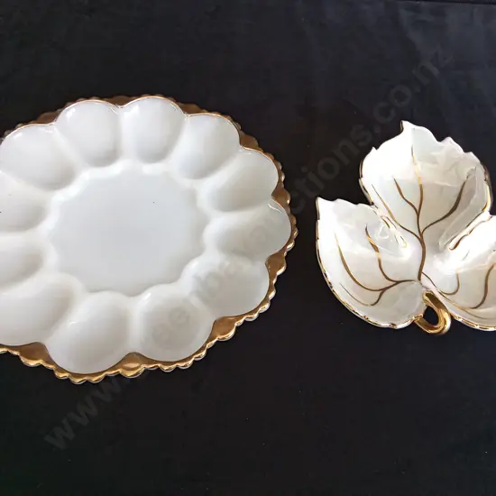 MILK GLASS PLATTER AND IRIDESCENT LEAF PLATTER