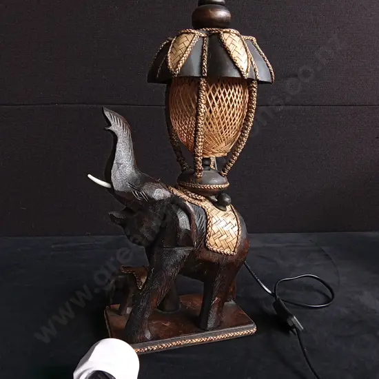HAND CRAFTED WOODEN ELEPHANT TABLE LAMP, MISSING A TUSK, WORKING