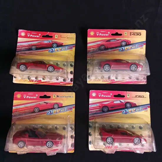 4 PIECES VINTAGE SHELL V-POWER FERRARI 1:38 DIECASTS BOXED