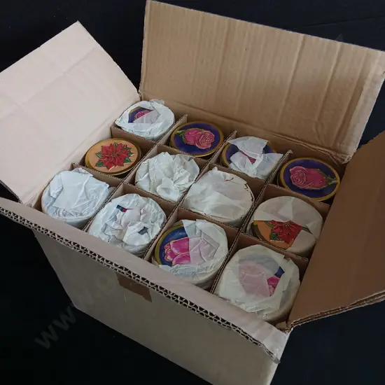 BOX OF TALL FLORAL BISCUIT TINS