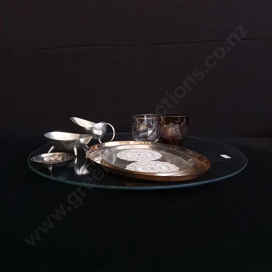 GLASS LAZY SUSAN TURNTABLE SERVING PLATTER AND MIX OF SERVING DISHES