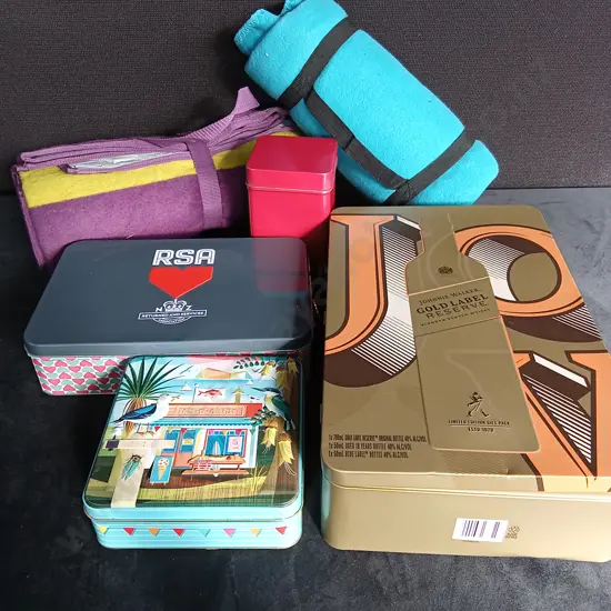 4 TINS AND 2 PICNIC BLANKETS