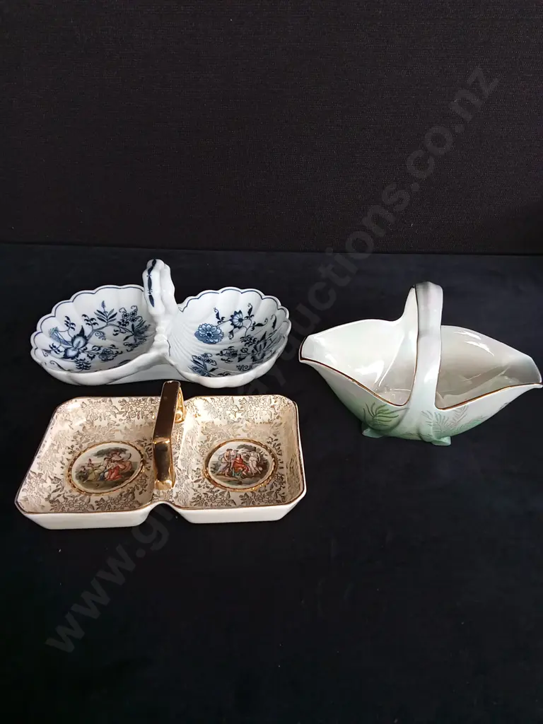 2 VINTAGE PORCELAIN SERVING DISHES AND A CERAMIC BASKET Image 1++