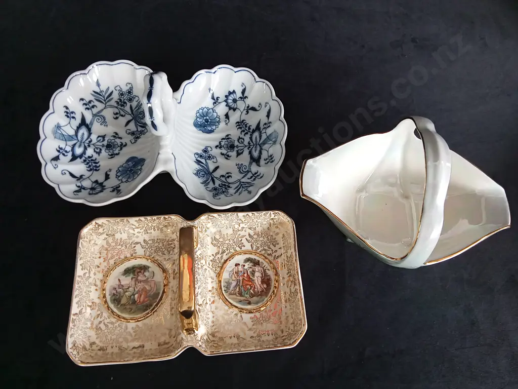 2 VINTAGE PORCELAIN SERVING DISHES AND A CERAMIC BASKET Image 1++