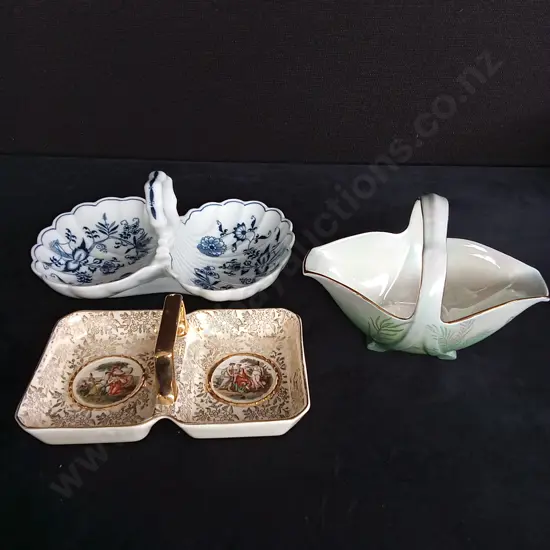 2 VINTAGE PORCELAIN SERVING DISHES AND A CERAMIC BASKET
