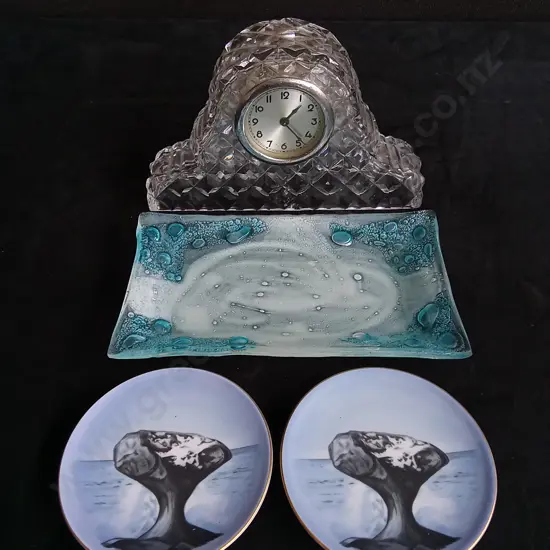 2 VINTAGE COPENHAGEN SMALL POSTS 1 GLASS PLATTER AND A CLOCK