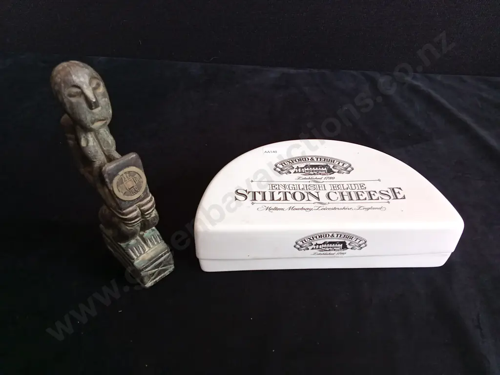 VINTAGE CERAMIC CHEESE DISH AND HAND CARVED WOODEN FIGURE WITH CHINESE COIN Image 1++