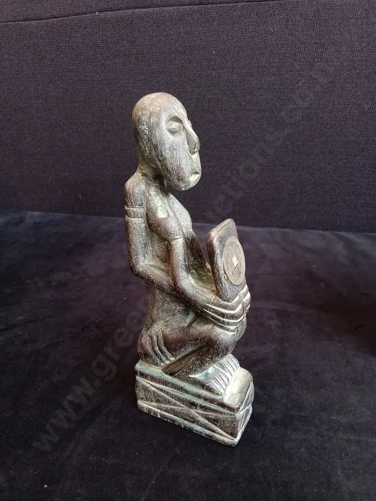 VINTAGE CERAMIC CHEESE DISH AND HAND CARVED WOODEN FIGURE WITH CHINESE COIN Image 1++