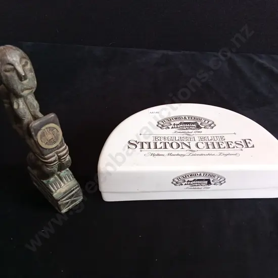 VINTAGE CERAMIC CHEESE DISH AND HAND CARVED WOODEN FIGURE WITH CHINESE COIN