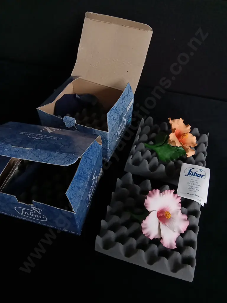 PAIR OF CAPODIMONTE PORCELAIN HIBISCUS FLOWERS BOXED Image 1++