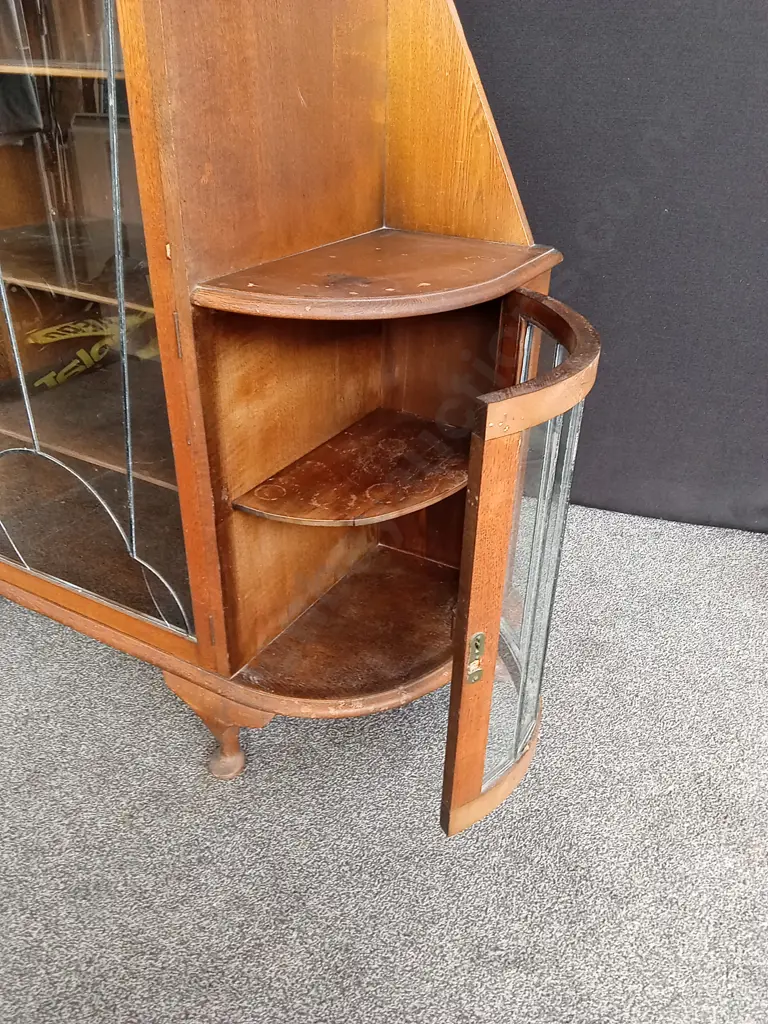 VINTAGE ART DECO COCKTAIL / DISPLAY CABINET CURVED GLASS LEADLIGHT DOORS L 120CM H 130M D 47CM Image 1++