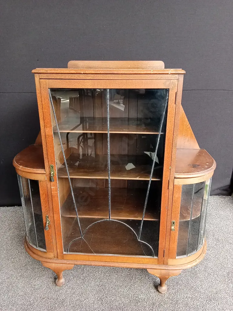 VINTAGE ART DECO COCKTAIL / DISPLAY CABINET CURVED GLASS LEADLIGHT DOORS L 120CM H 130M D 47CM Image 1++