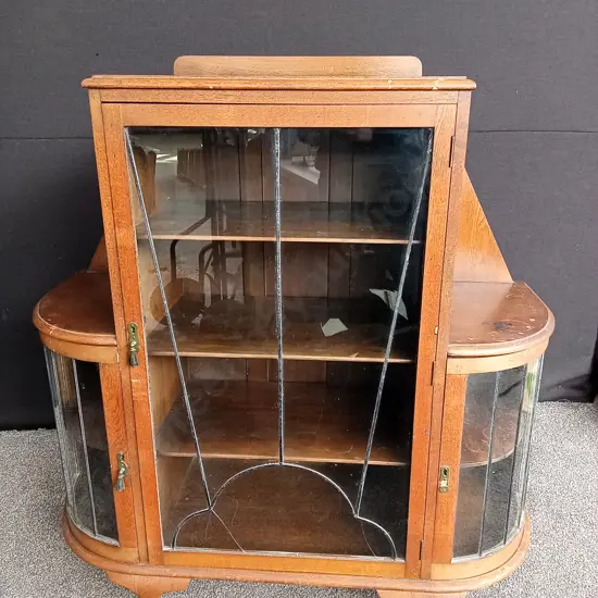 VINTAGE ART DECO COCKTAIL / DISPLAY CABINET CURVED GLASS LEADLIGHT DOORS L 120CM H 130M D 47CM