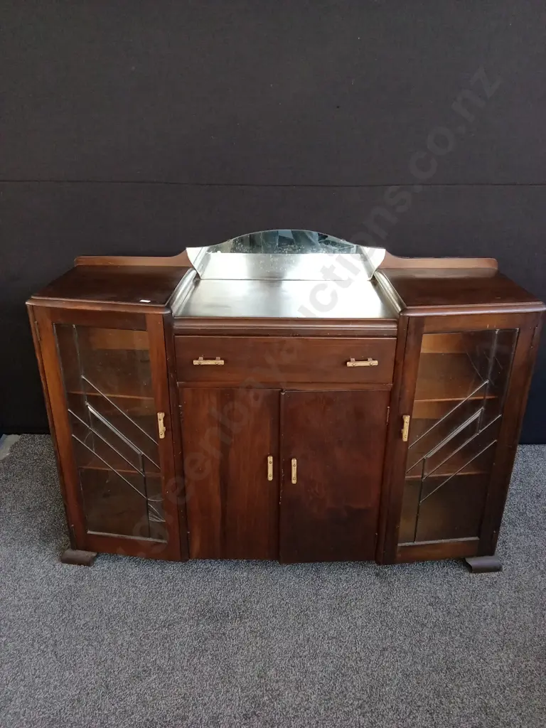 ART DECO MAHOGANY LEADLIGHT DISPLAY CABINET WITH MIRROR H 85CM X W 132CM X D 36CM Image 1++