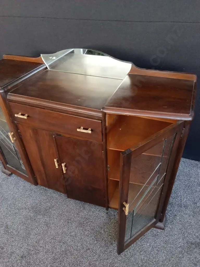 ART DECO MAHOGANY LEADLIGHT DISPLAY CABINET WITH MIRROR H 85CM X W 132CM X D 36CM Image 1++