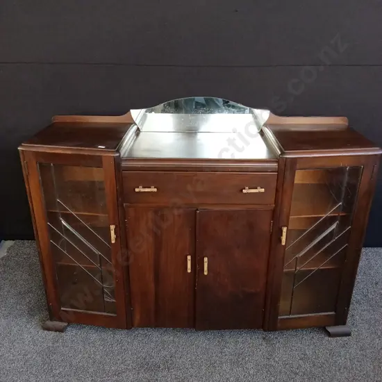 ART DECO MAHOGANY LEADLIGHT DISPLAY CABINET WITH MIRROR H 85CM X W 132CM X D 36CM
