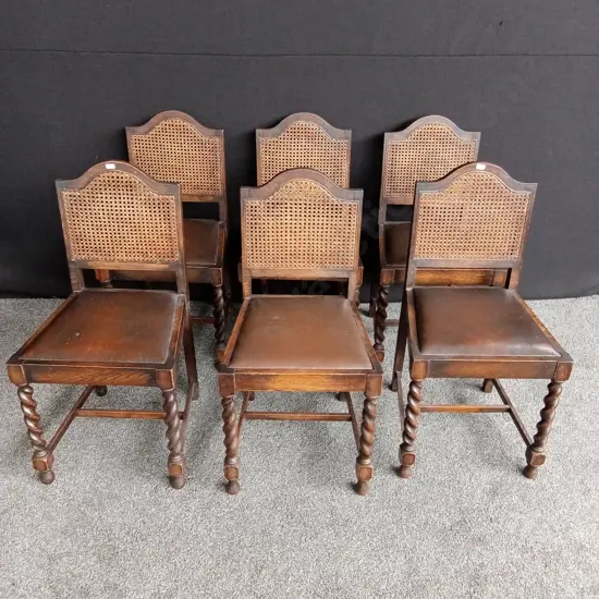 SET OF 6 MATCHING VICTORIAN SYTLE WALNUT DINING CHAIRS WITH BARLEY TWIST LEGS AND CANE BACKRESTS