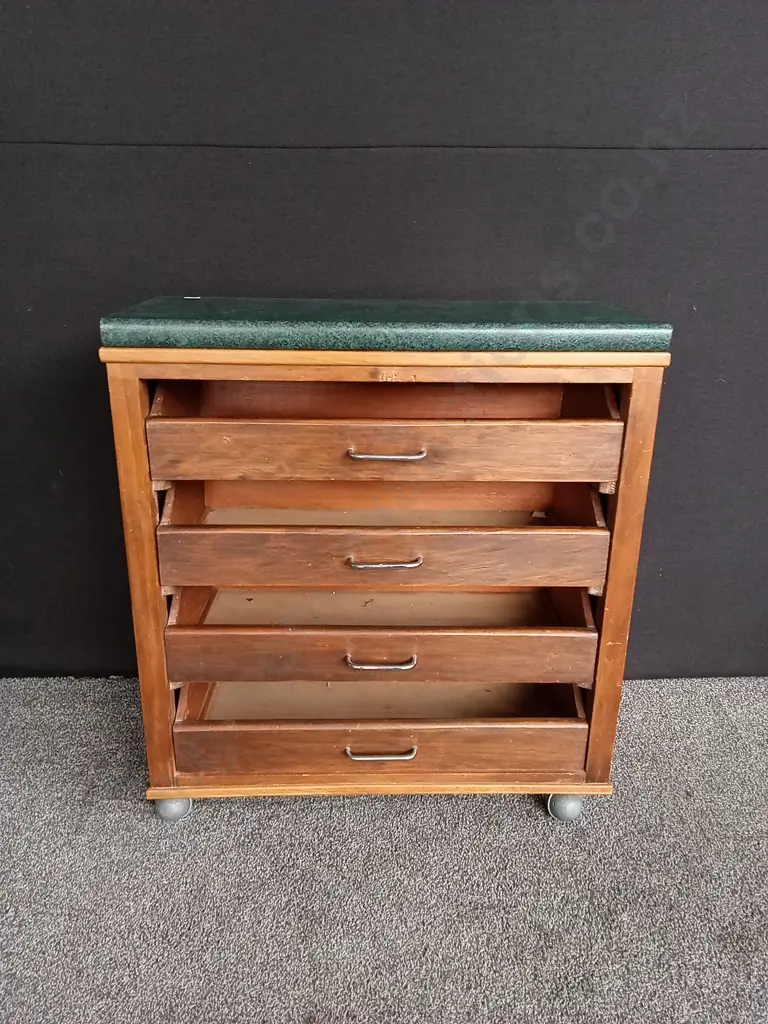 VINTAGE WOODEN ROLLING MOBILE KITCHEN STORAGE CABINET WITH WORKTOP H 83CM X W 74CM X D 33CM Image 1++