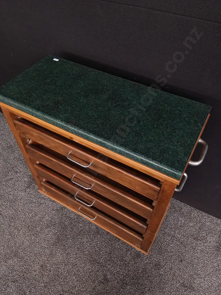 VINTAGE WOODEN ROLLING MOBILE KITCHEN STORAGE CABINET WITH WORKTOP H 83CM X W 74CM X D 33CM Image 1++