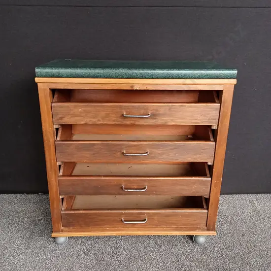 VINTAGE WOODEN ROLLING MOBILE KITCHEN STORAGE CABINET WITH WORKTOP H 83CM X W 74CM X D 33CM