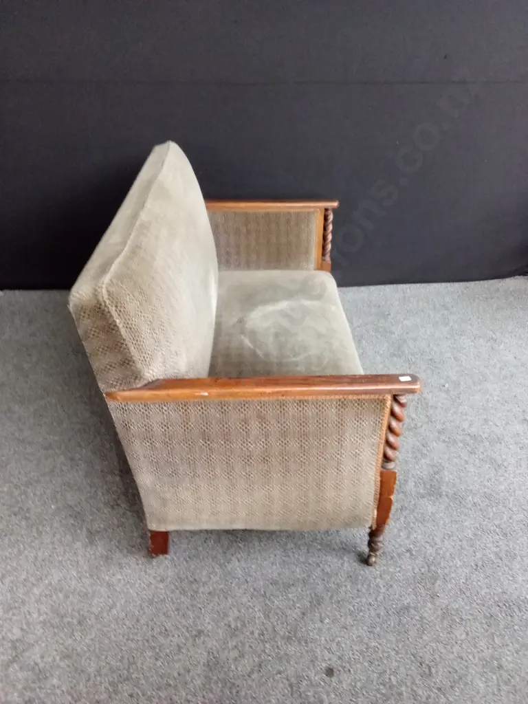 VINTAGE SETTEE BROWN FABRICWOOD SOLID WOODEN FRAME H 88CM L 139CM D 71CM Image 1++