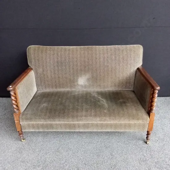 VINTAGE SETTEE BROWN FABRICWOOD SOLID WOODEN FRAME H 88CM L 139CM D 71CM