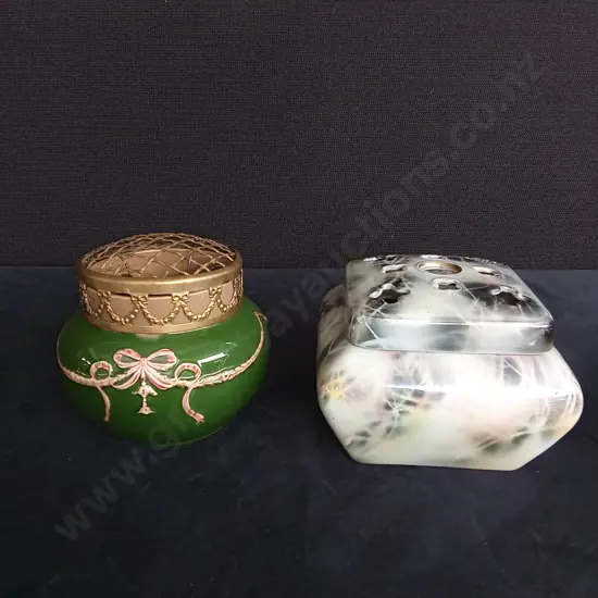 EICHWALD FLOWER BOWL WITH CAGE (CHIP ON BOTTOM) AND CARRARA WARE FLOWER BOWL