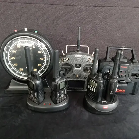 4 WALKIE TALKIES 2 RC TRANSMITTERS AND A BAEURLE QUARTZ PROCESS TIMER