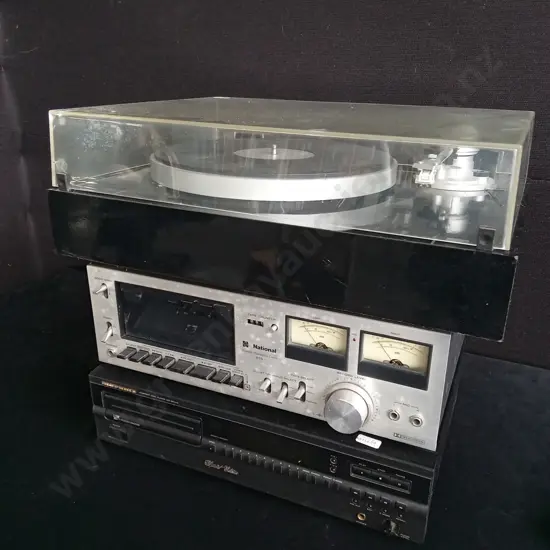 SANSUI TURNTABLE, NATIONAL STEREO CASSETTE DECK AND MARANTZ COMPACT DISC PLAYER