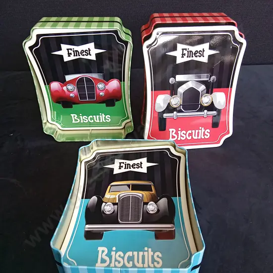 BOX OF CAR BISCUIT TINS