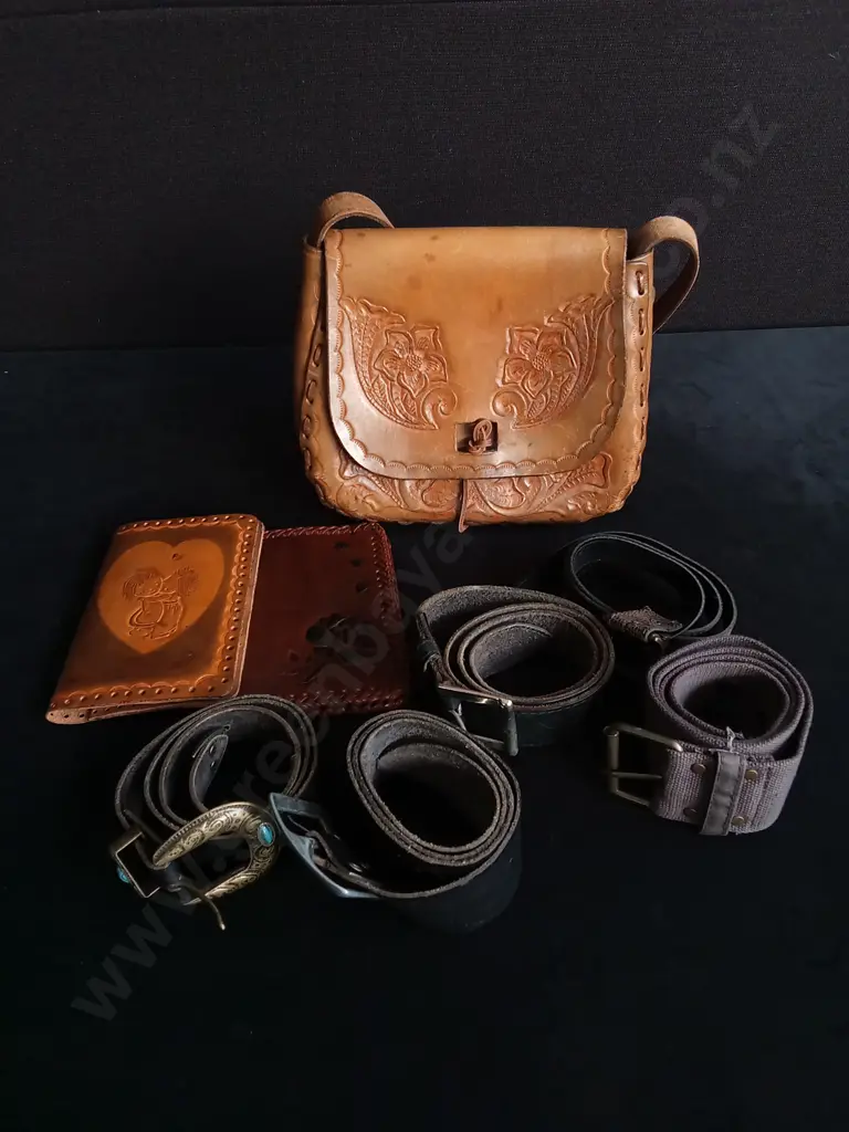 8 PIECES, TOOLED LEATHER BAG AND WALLETS, AND BELTS Image 1++