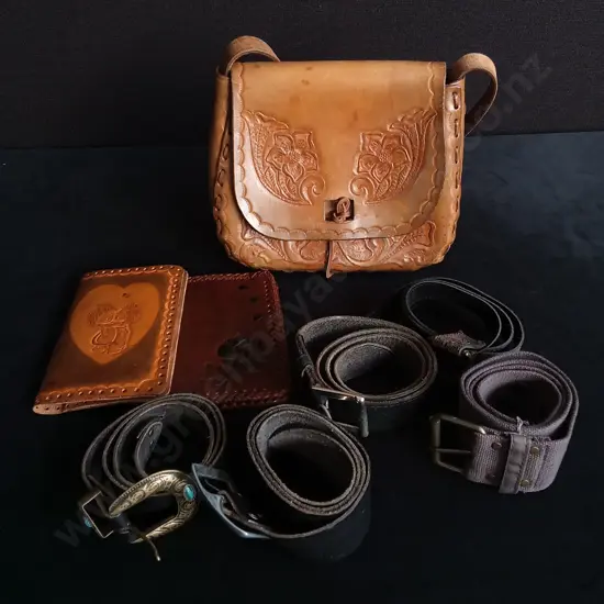 8 PIECES, TOOLED LEATHER BAG AND WALLETS, AND BELTS