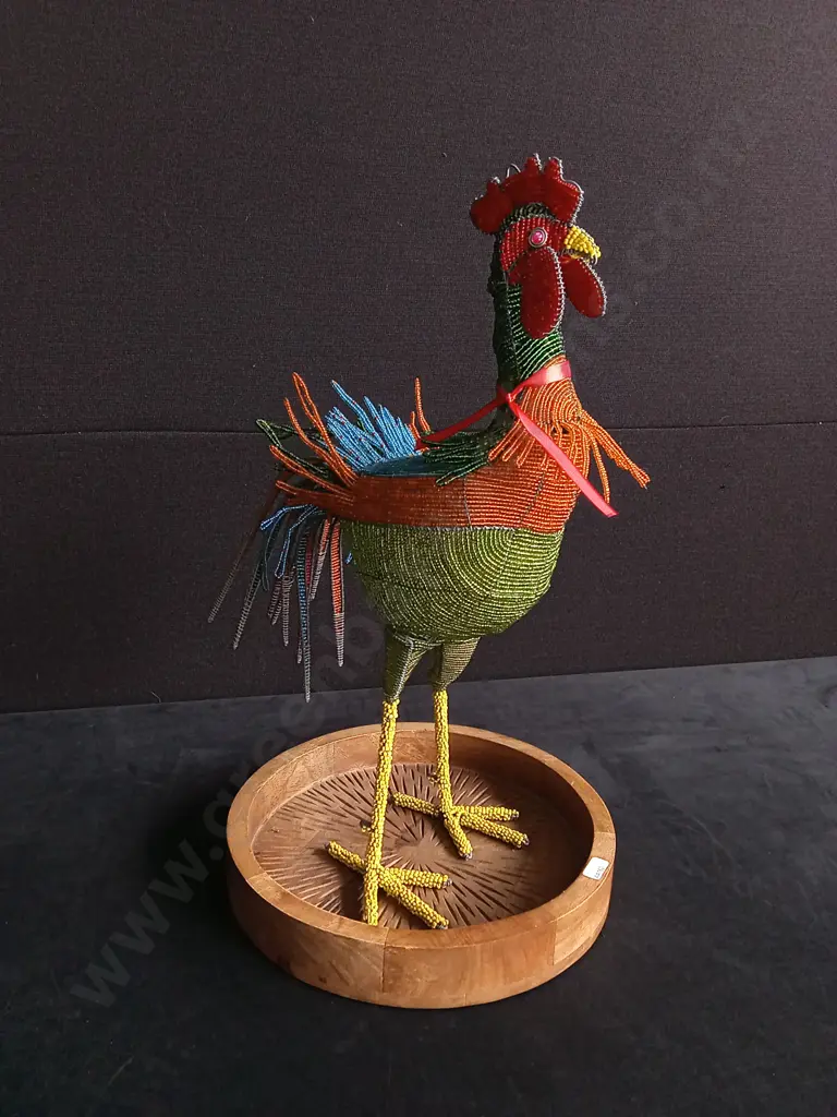 HAND CRAFTED BEADED ROOSTER ON WOODEN BASE, MADE IN ZIMBABWE, H 53CM Image 1++
