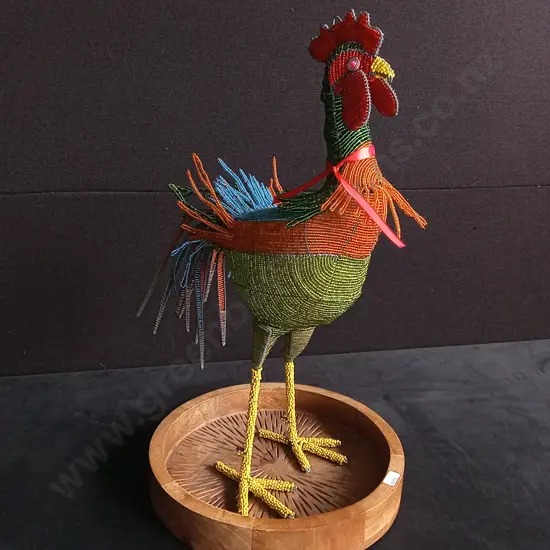 HAND CRAFTED BEADED ROOSTER ON WOODEN BASE, MADE IN ZIMBABWE, H 53CM