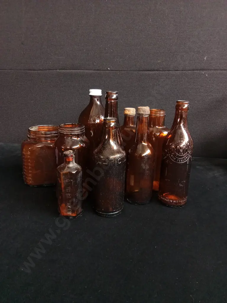 10 PIECES AMBER GLASS BOTTLES Image 1++