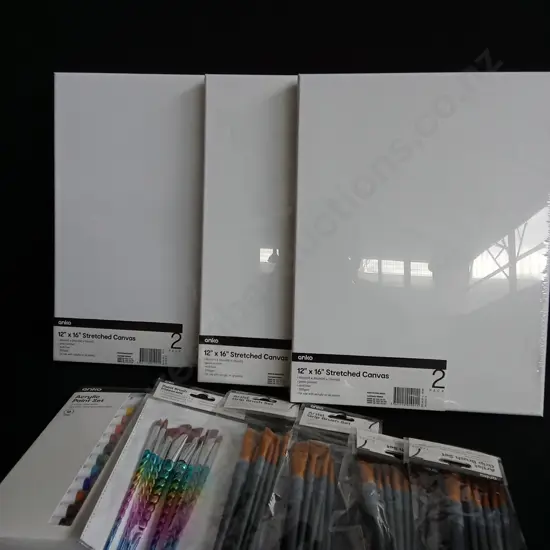 9 PIECES BRAND NEW PAINT, BRUSHES AND CANVASES