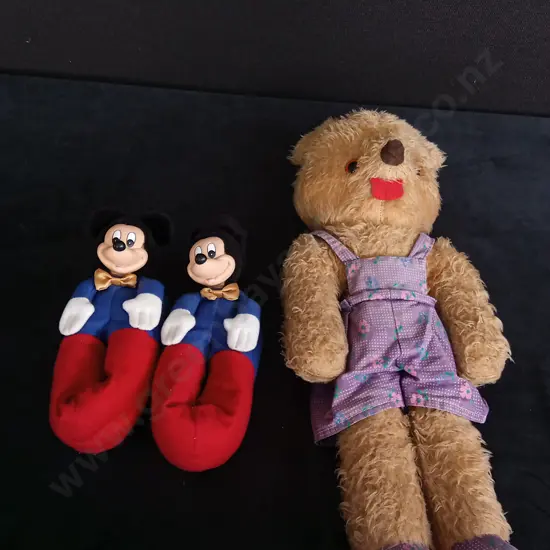 VINTAGE TEDDY BEAR AND MICKEY MOUSE SLIPPERS