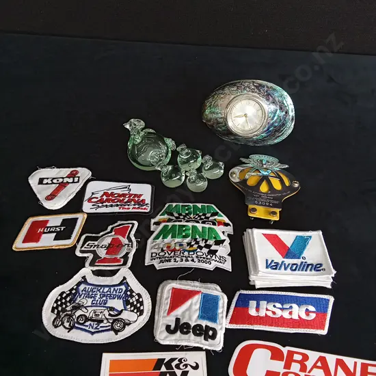 PĀUA SHELL CLOCK GLASS BIRDS AND A COLLECTION OF PATCHES