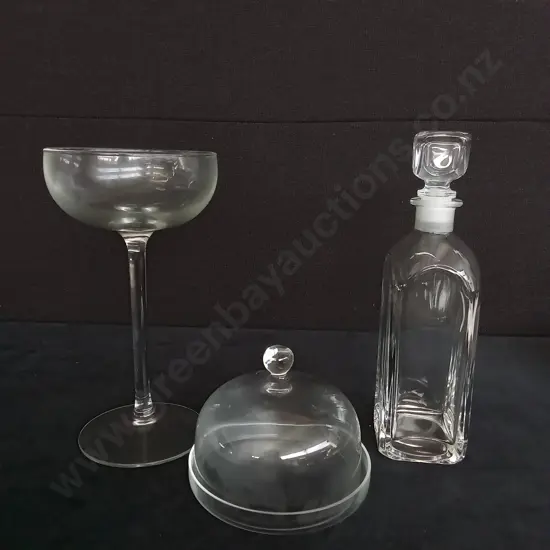 GLASS DECANTER CHAMPAGNE GLASS VASE AND STUDIO CHRYSANTHEMUM FROSTED PLATTER AND BOWL