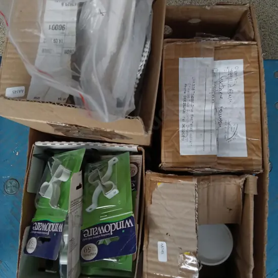 BOX OF CURTAIN BRACKETS, HARDWARE, ETC