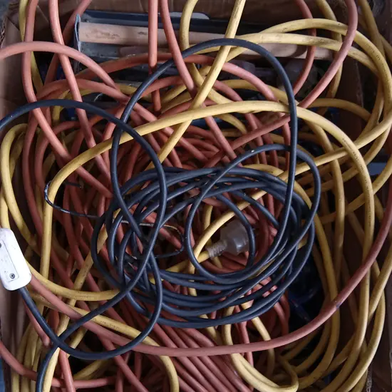 BOX OF EXTENSION CORDS AND TOOLS