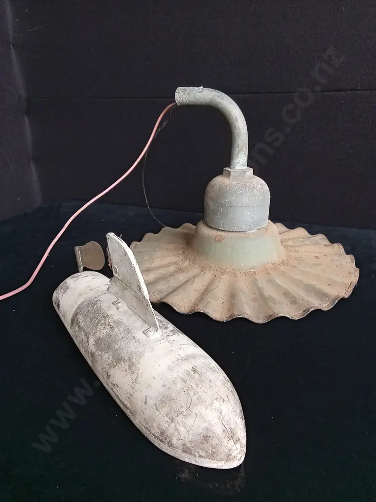 VINTAGE INDUSTRIAL NAUTICAL LIGHT FIXTURE AND WOODEN SUBMARINE Image 1++