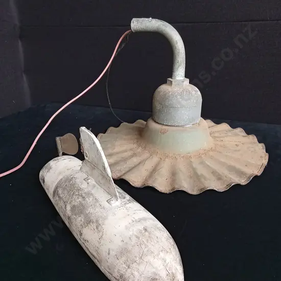 VINTAGE INDUSTRIAL NAUTICAL LIGHT FIXTURE AND WOODEN SUBMARINE