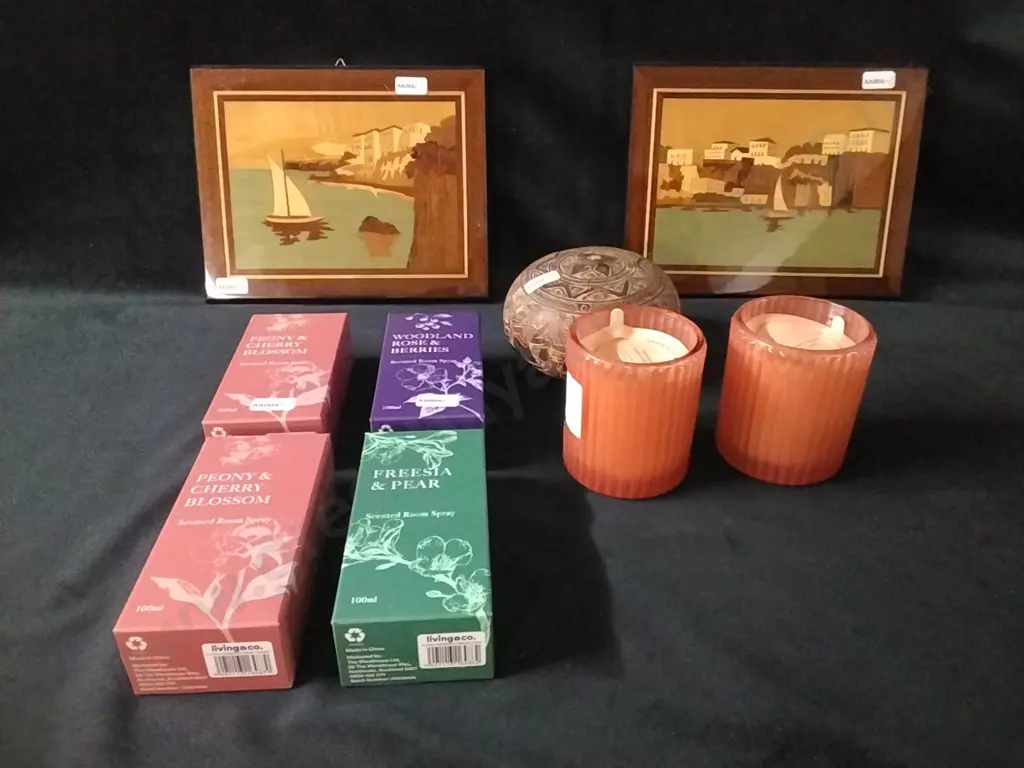 BOX OF SCENTED SPRAYS, CANDLES, 2 VENEER PICTURES Image 1++